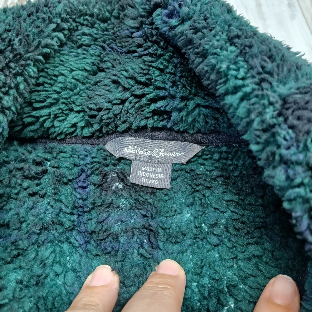 Eddie Bauer Mens XL Green Plaid Sherpa Fleece Snap‎ Pullover ELQ0089T - Picture 2 of 9